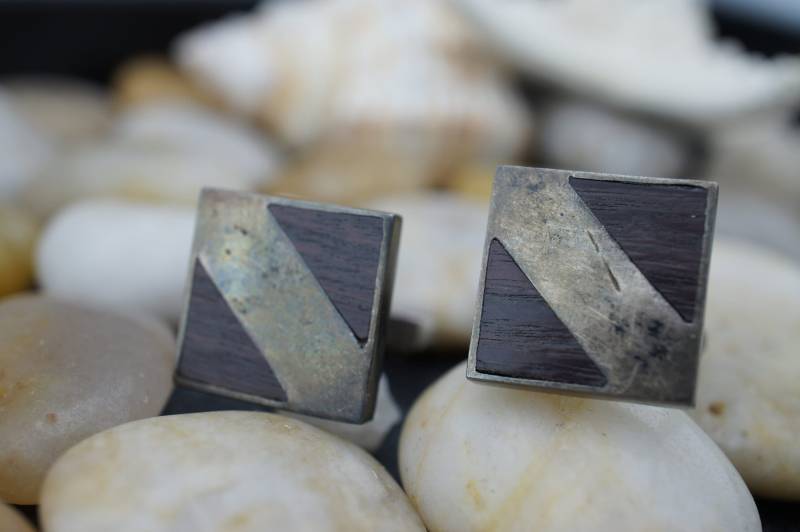 925 Sterling Silber Mexico Taxco Vintage Schmuck Manschettenknöpfe Sammler Gehämmert Platz Holz St748 von LOVNTG