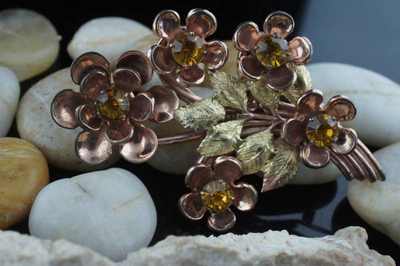 925 Sterlingsilber Schmuck-Blumenstrauß Mit Strasssteinen Gelb Ca. Stift Brosche Gold Vermeil Kupfer Farbe Art-Deco-St224 von LOVNTG