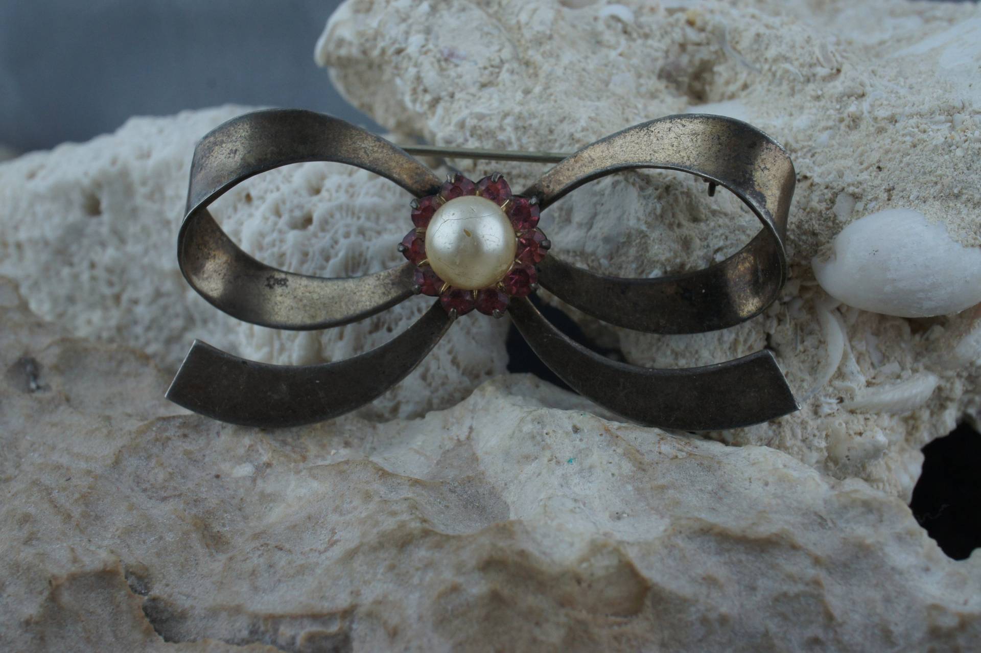 925 Sterlingsilber Schmuck Vintage Schleife Rosa Cz Faux Perle Ca. Brosche Art Deco Modernist St280 von LOVNTG