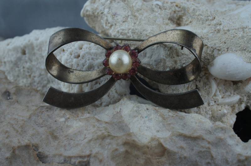 925 Sterlingsilber Schmuck Vintage Schleife Rosa Cz Faux Perle Ca. Brosche Art Deco Modernist St280 von LOVNTG
