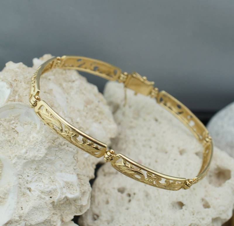 Art Deco Edles Schmuck 14K Gold Linked Filigran Geschnitzte Bar Link Armband Floral Design Muster Liebe Phantasie 10 Gramm Aa von LOVNTG