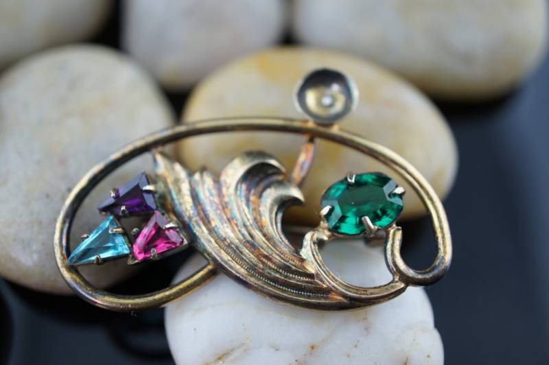 Art Deco Schmuck Brosche Vintage Sterling Symmetalic + 14 K Stein Rot Grün Rosa Gold Vermeil D196 von LOVNTG