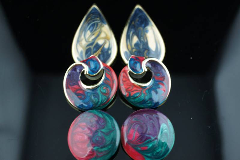 Art Deco Schmuck Ohrringe Vintage Ohrstecker Rund Minimalistisch Funkelnd Goldton Mehrfarbig Emailliert 3Er Set U190 von LOVNTG