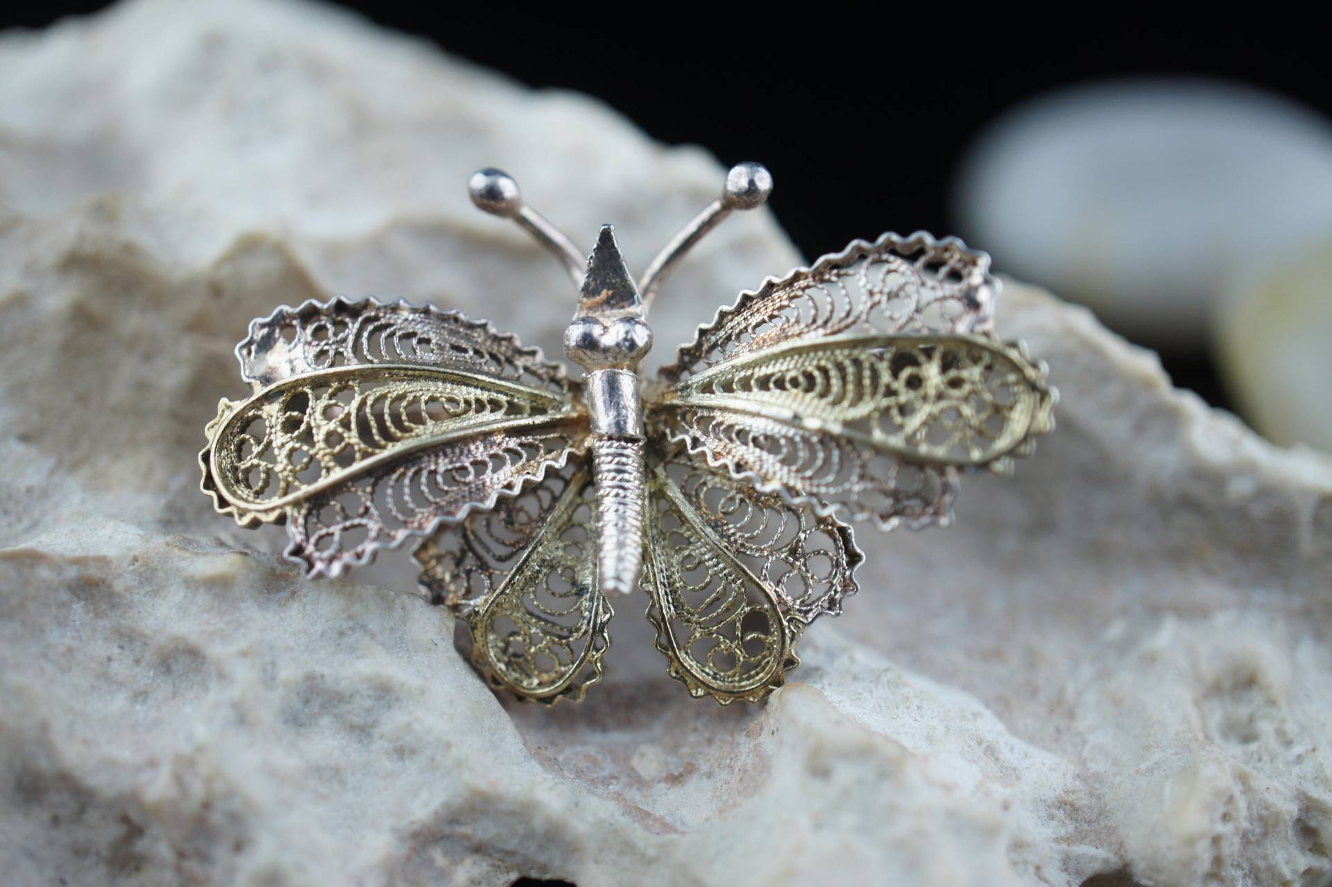 Brosche Silber 800 Gold Vermeil Art Deco Schmuck Pin Schmetterling Filigran 3D Ca. Modernist Sammlung St159 von LOVNTG