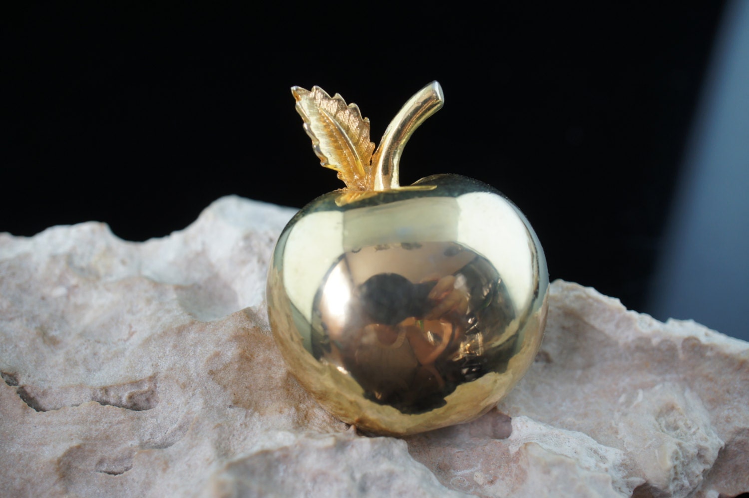 Hohler Apfel Halb Art Deco Schmuck 3D Goldfarben Frucht Glatte Oberfläche Blatt Brosche Rund Minimalistisch Modernist Graceful P111 von LOVNTG