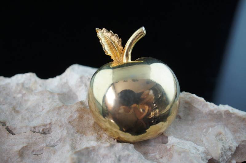 Hohler Apfel Halb Art Deco Schmuck 3D Goldfarben Frucht Glatte Oberfläche Blatt Brosche Rund Minimalistisch Modernist Graceful P111 von LOVNTG