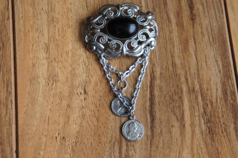 Maria Theresia Münznadel Brosche Schwarzer Stein Auf Silber Cz O-0093 von LOVNTG