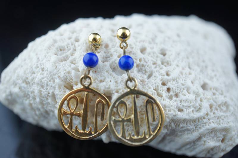 Ohrringe Massiv Gold 14K Ohrstecker Und Vermeil Sterling Silber 925 Tropfen Teil - Blaue Perlen - -Geschnitzte Scheibe -Hieroglyphen Kreuz Vintage B von LOVNTG