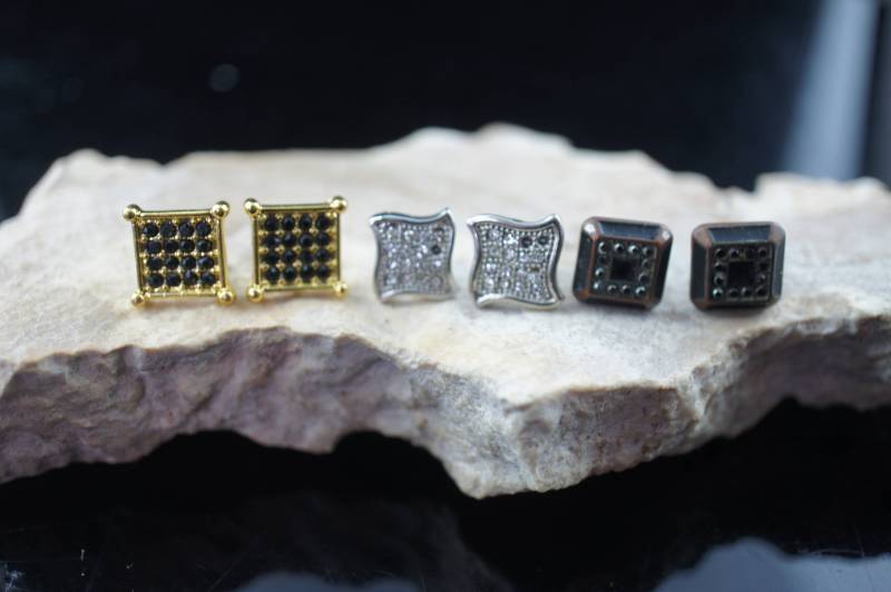 Ohrringe Silber Gold Braun Ton Seed Cz Schwarz Klar Ohrstecker Pirced Quadratisch 3Er Set Vintage Schmuck Kunst Circa Modernist Graceful Sa2 von LOVNTG