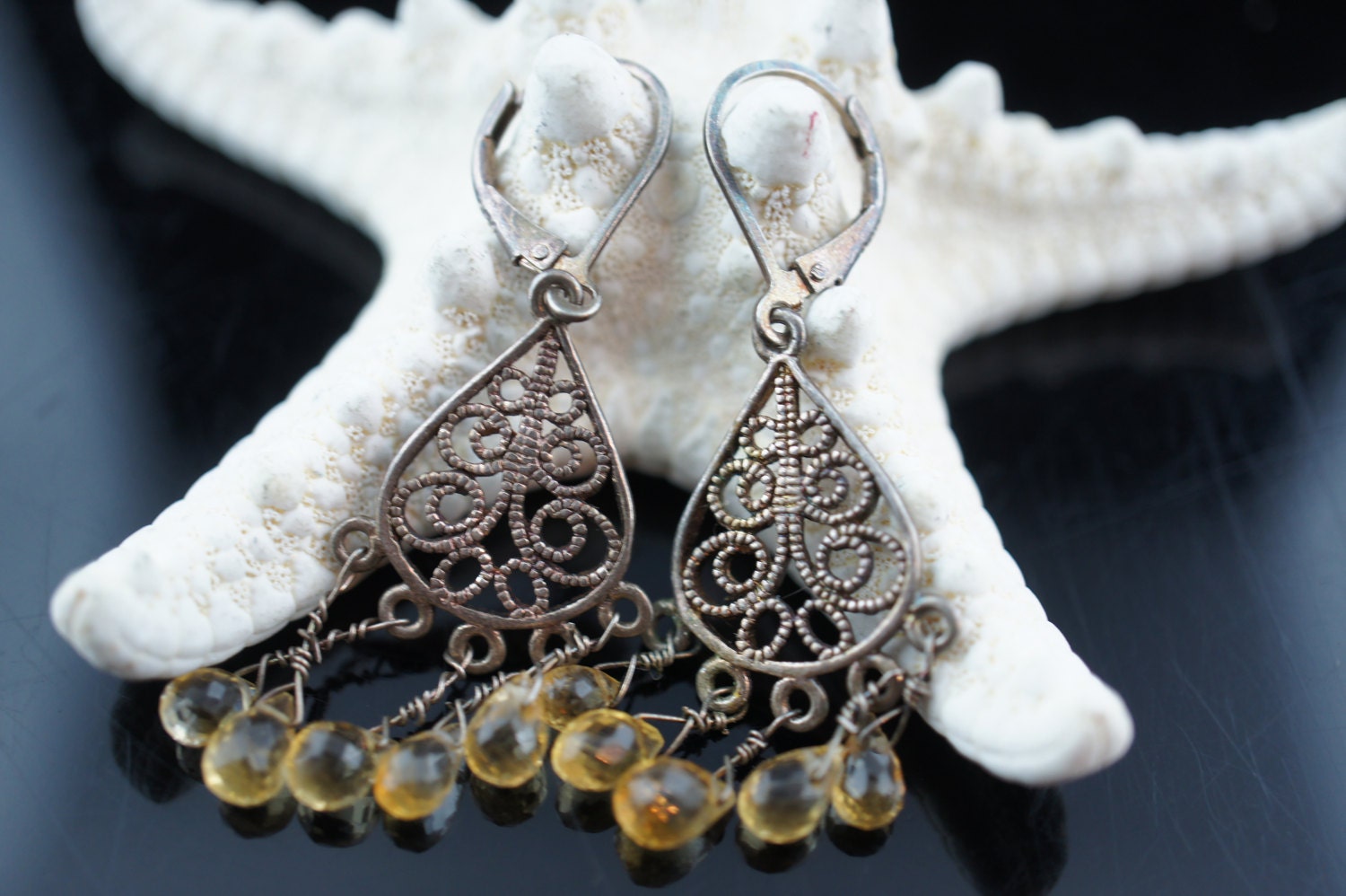 Ohrringe Sterling Silber 925 Gold Vermeil Durchbohrt Deutlich Gelber Kristall Filigrane Drop Teil Vintage Schmuck Art Deco X181 von LOVNTG