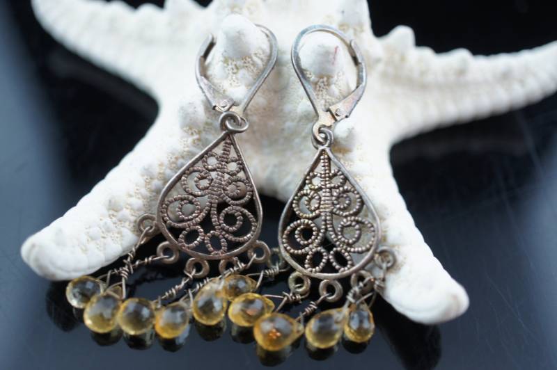 Ohrringe Sterling Silber 925 Gold Vermeil Durchbohrt Deutlich Gelber Kristall Filigrane Drop Teil Vintage Schmuck Art Deco X181 von LOVNTG