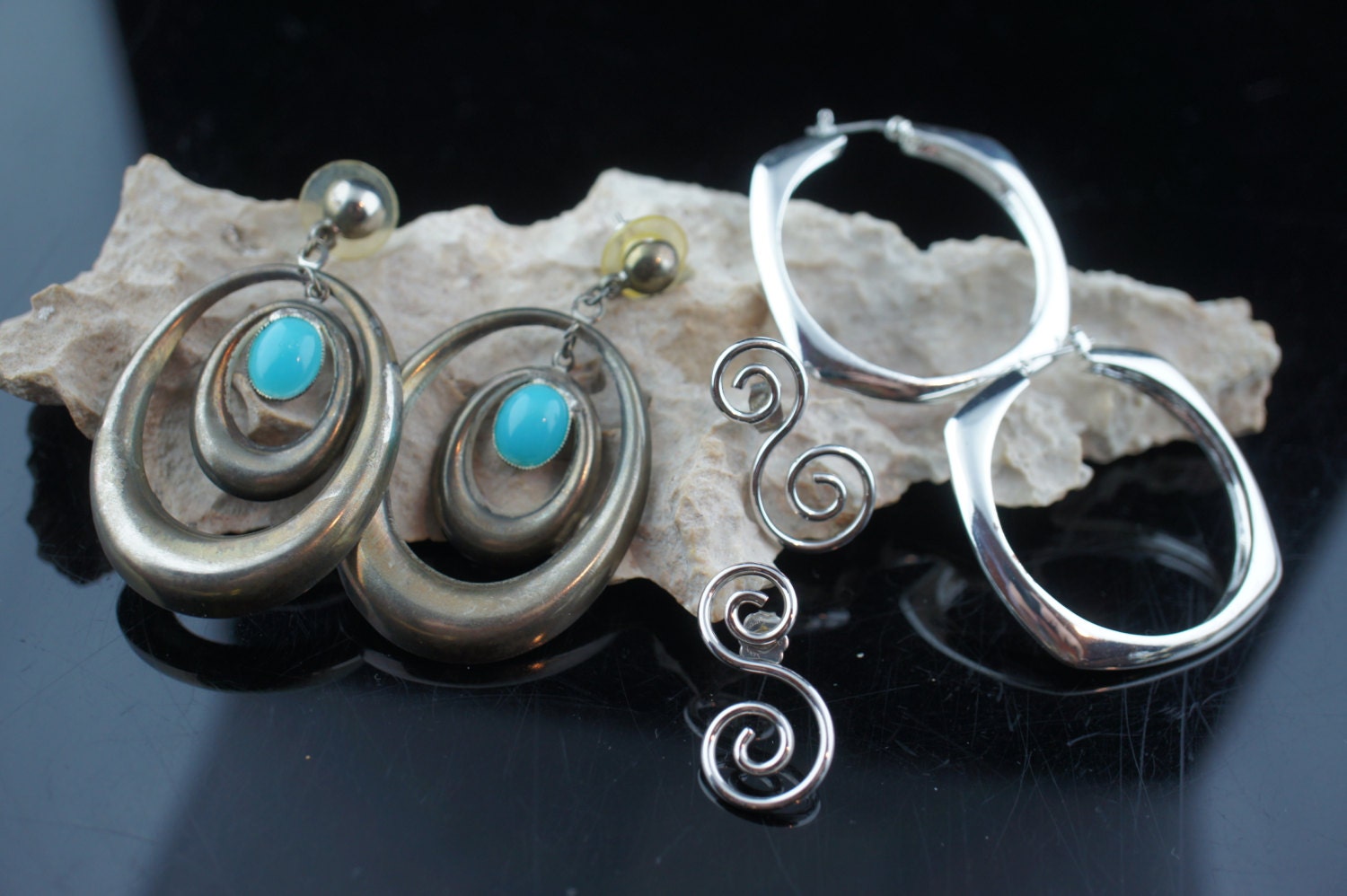 Ohrringe Vintage Ohrstecker 3Er Set Art Deco Schmuck Rund Minimalistisch Silber Ton Türkis Farbe Grün A126 von LOVNTG