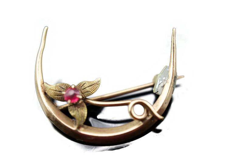 Schmuck 10K Gold Solide Brosche Circa Minimalistisch Modernist Anmutige Pin Blume Rosa Cz Stein Mond Art Deco L4 von LOVNTG