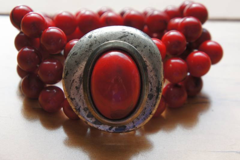 Seltene Silber Armspange Mit Roten Perlen 3 Schichten O-0034 von LOVNTG