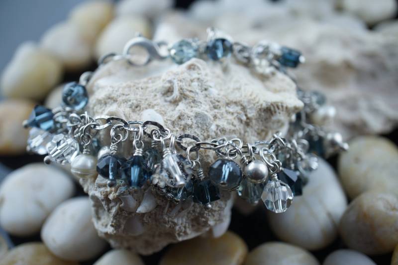 Sterling Silber 925 Armband Charms Perlen Glasperlen Vintage Art Deco Kette Ring in Modernist 7 3/4 "' Lang St372 von LOVNTG