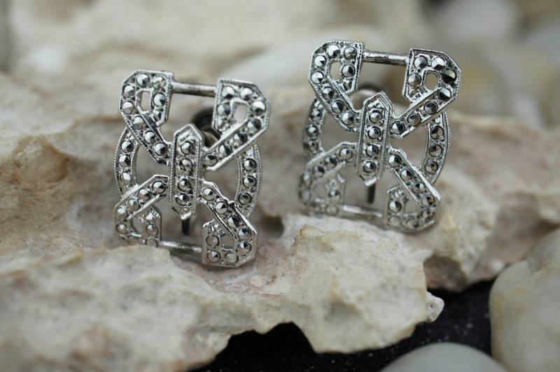 Sterlingsilber 925 Schraube Zurück Cz Faux Diamond Klar Ohrringe Rechteck Geschnitzt Vintage Schmuck Art Deco Geschenk St845 von LOVNTG