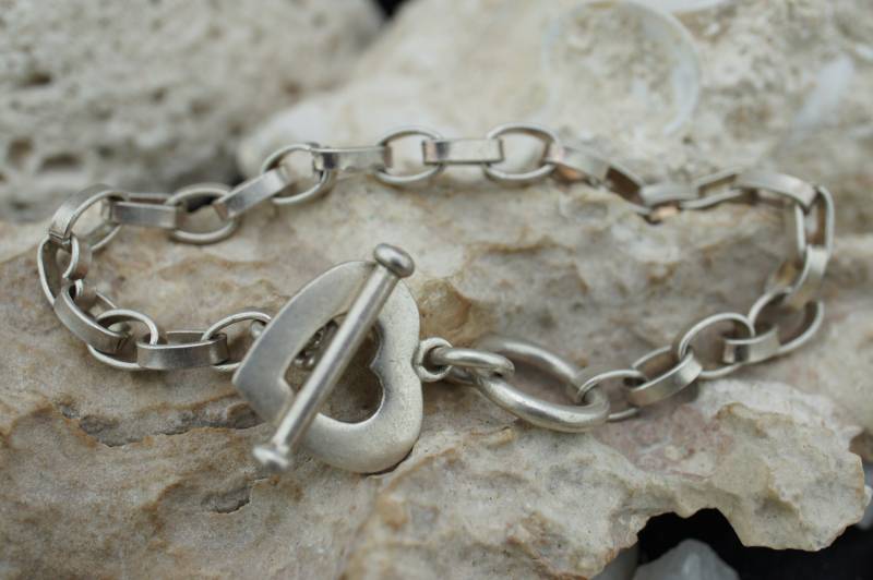 Sterlingsilber 925 Vintage Art Deco Armband Toggle Link Kette Schwerer Ring in Ring Charm Herz Schmuck St584 von LOVNTG