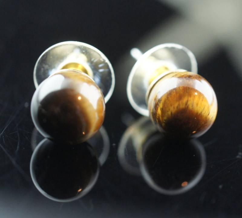 Tigerauge Stein Ethno Ohrringe Art Deco Schmuck Vintage Echter Braun Ohrstecker Rund Minimalistisch Modernist Anmutig A111 von LOVNTG