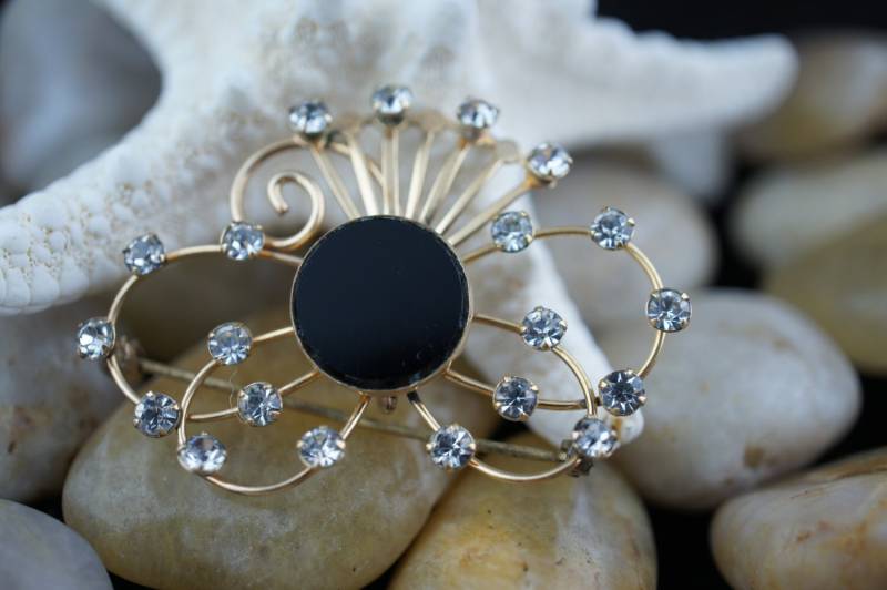 Van Dell 1/20 12K G.f Schwarzer Onyx Art Deco Schmuck Brosche Rund Pin Strasssteine Gold Filled Vintage U031 von LOVNTG