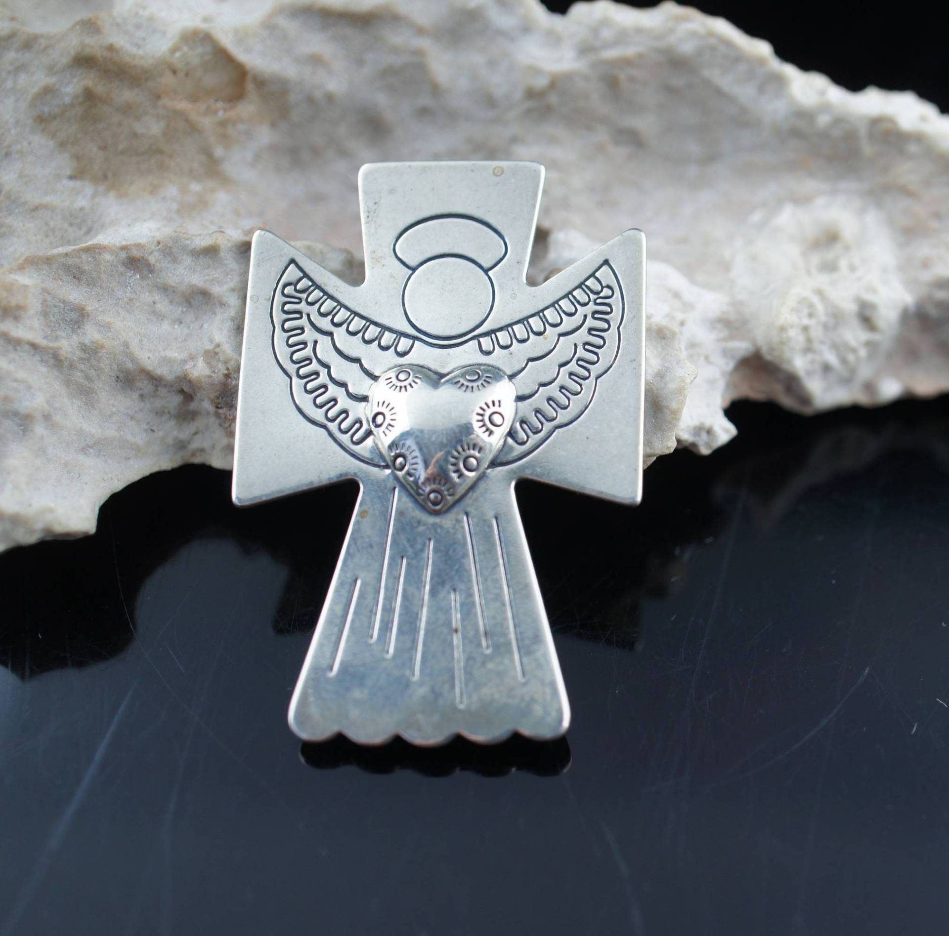 Vintage, Sterling Silber, Carolyn Pollack Relios, Engel, Pin, Anhänger, Brosche, Herz, Mid Century, Südwesten Art Deco Vintage Schmuck Cc59 von LOVNTG