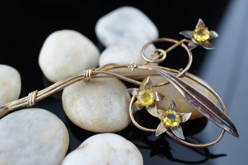 Vintage 1/20 14K Gold Filled G.f Über Sterling 925 Vermeil Schmuck Blume Brosche Anstecknadel Gelb Strass Cz Vintage D199 von LOVNTG