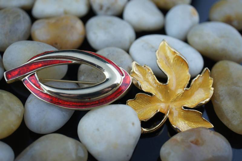 Vintage 2Er Set Brosche Blatt Blätter Oval Ahorn Art Deco Schmuck Goldfarben Emailliert Rot Gelb Modernist Anmut Kreis Bb60 von LOVNTG
