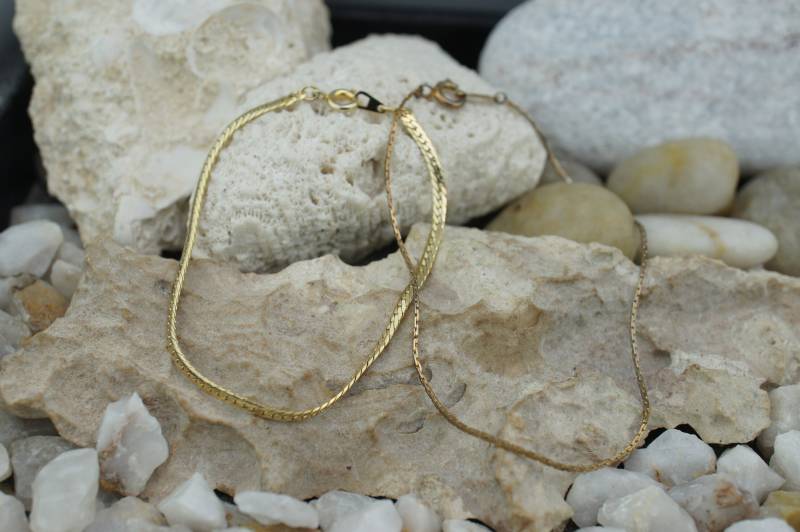 Vintage Armbänder Gold Ton Fischgrat Design Anker 7''', 9'' Lang Schmuck Art Deco Set 2 27 von LOVNTG
