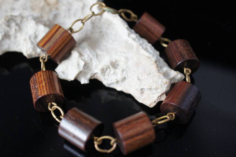 Vintage Art Deco Armband Gold Braun Ton Kette Holz Fass Perlen 7.5'' Modernist Bb20 von LOVNTG