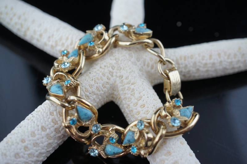Vintage Art Deco Armband Gold Ton Türkis Blau Cz Breit Tennis 7'' V056 von LOVNTG