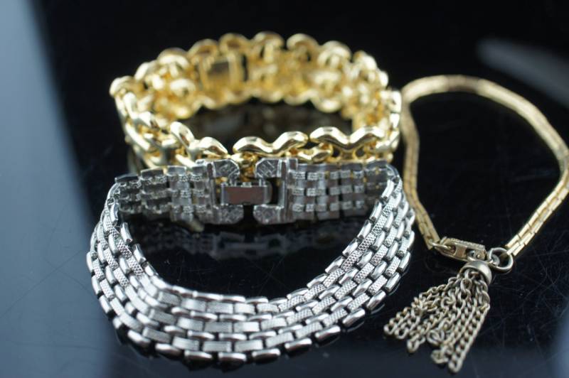 Vintage Art Deco Armband Set 3 Armbänder Gold Silber Ton Sarah Cov Schmal Breit Tennis 7 1/4'' V065 von LOVNTG