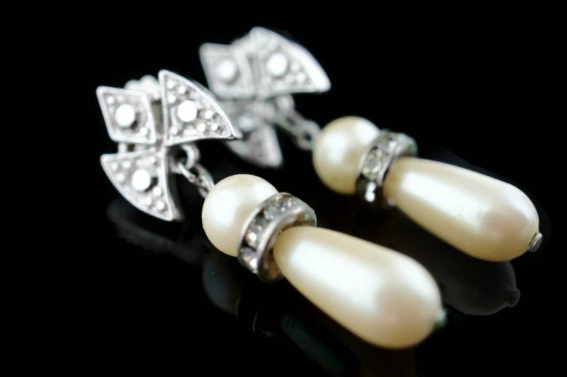 Vintage Art Deco Schmuck Ohrringe Strass Cz Ohrstecker Perle Tropfenteil Silber Braut Accessoires Hochzeit Modernisq3 von LOVNTG