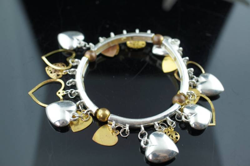 Vintage Designer Armband Stretch Charm Herzen Silber Farben Gold Ton Perlen Modernist Craseful Circe Q121 von LOVNTG