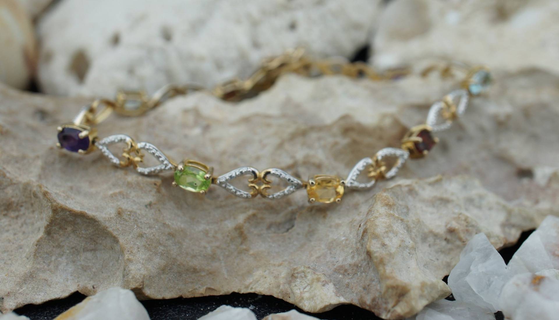 Vintage Designer Sterlingsilber 925 Tennisarmband Leicht Mehrfarbige Cz Saphir Gold Vermeil Verbunden Link Herzen Armband St643 von LOVNTG