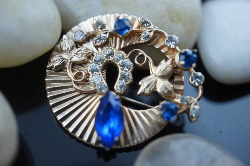 Vintage Gold Ton Schmuck Brosche Blumen Anstecknadel Cz Aurora Borealis Blau Blätter Ast Geschnitzt Scheiben Steine Art Deco Dd67 von LOVNTG