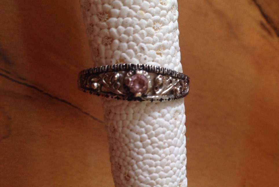 Vintage Ring Silber Sterling 925 Stein Rosa, Filigran Signiert Z027 von LOVNTG