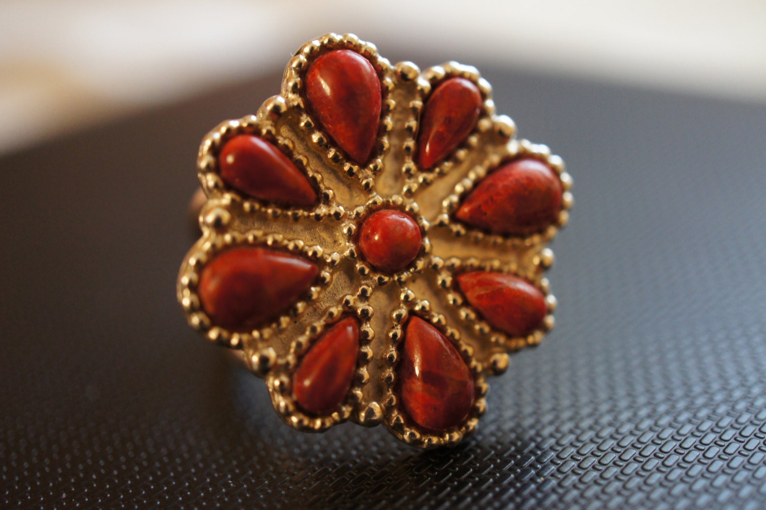 Vintage Schmuck Silber Sterling 925 Brown Natürliche Authetic Blütenform Ringschiene Z-258 von LOVNTG