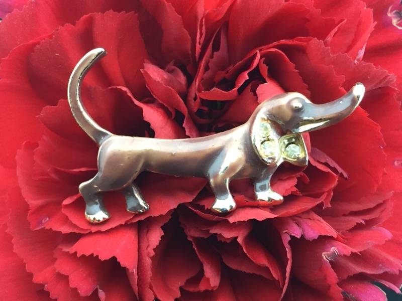 Vintage Schmuck Victorian Golden Gold Ton Mit Cz Steinen Hund Haustier Tier Rote Augen Pin Brosche Wunderschön Detailliert T-025 von LOVNTG