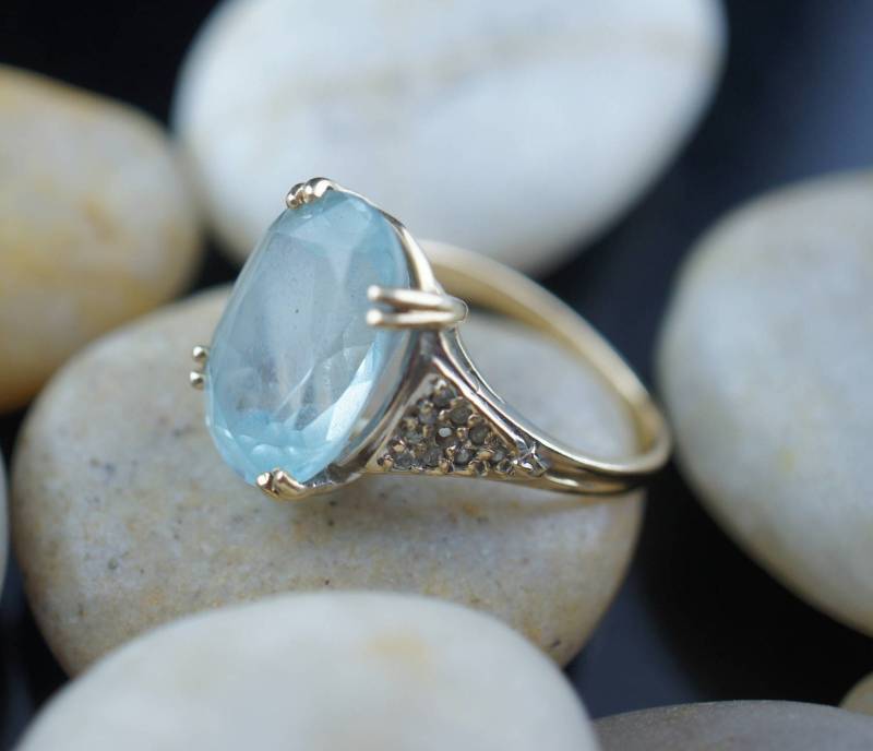 Vintage Solid 14K Gelb Gold Ring Hellblau Stein Aquamarin Opal Diamant Solid Schmuck Sammeln Fm Franklin Mint Größe 6. A von LOVNTG