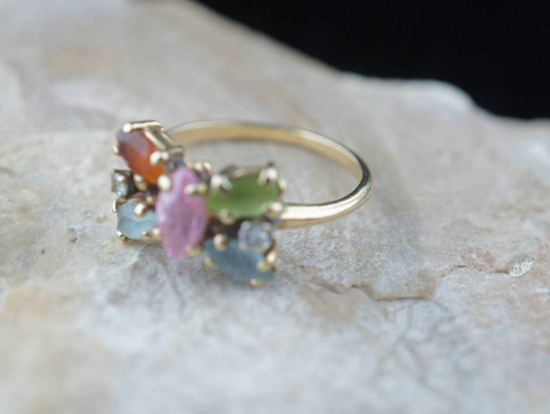 Vintage Solid 14K Gold Ring Edelstein Grün, Blau Rosa Braun Schmuck Sammler Band Frienship 7 Größe von LOVNTG