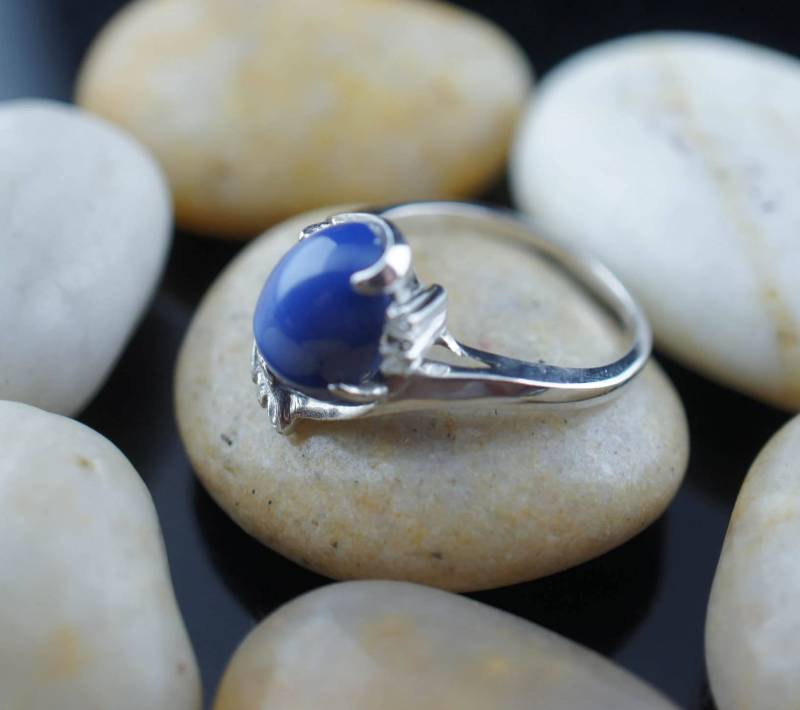 Vintage Solid 14K Weißgold Ring Blau Stoune Opal Diamant Massiv Schmuck Sammler Verlobung Hochzeit Band Freundschaft 6, 5 Größe A von LOVNTG