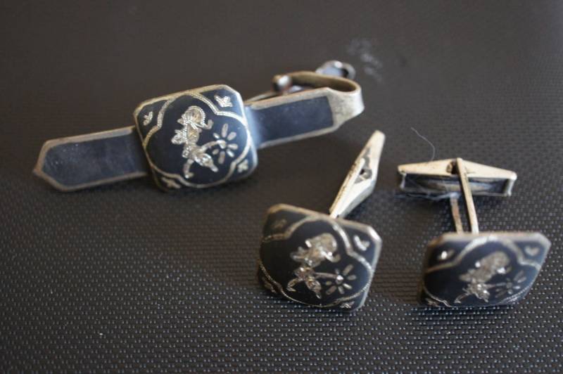 Vintage Sterling Silber 925 Manschettenknöpfe Siam Schwarz Niello Tänzer Charme Krawattenklammer Bar Z-050 von LOVNTG