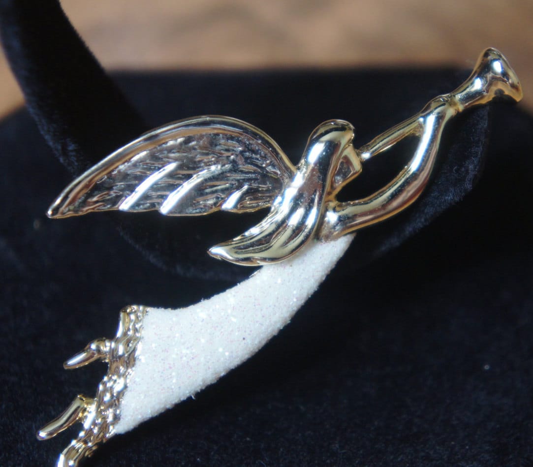 Vintage Xmas Party Broschen Pins Kristall Musik Engel Gold Ton Schmuck # Brosche Emailliert Weißgold X-051 von LOVNTG