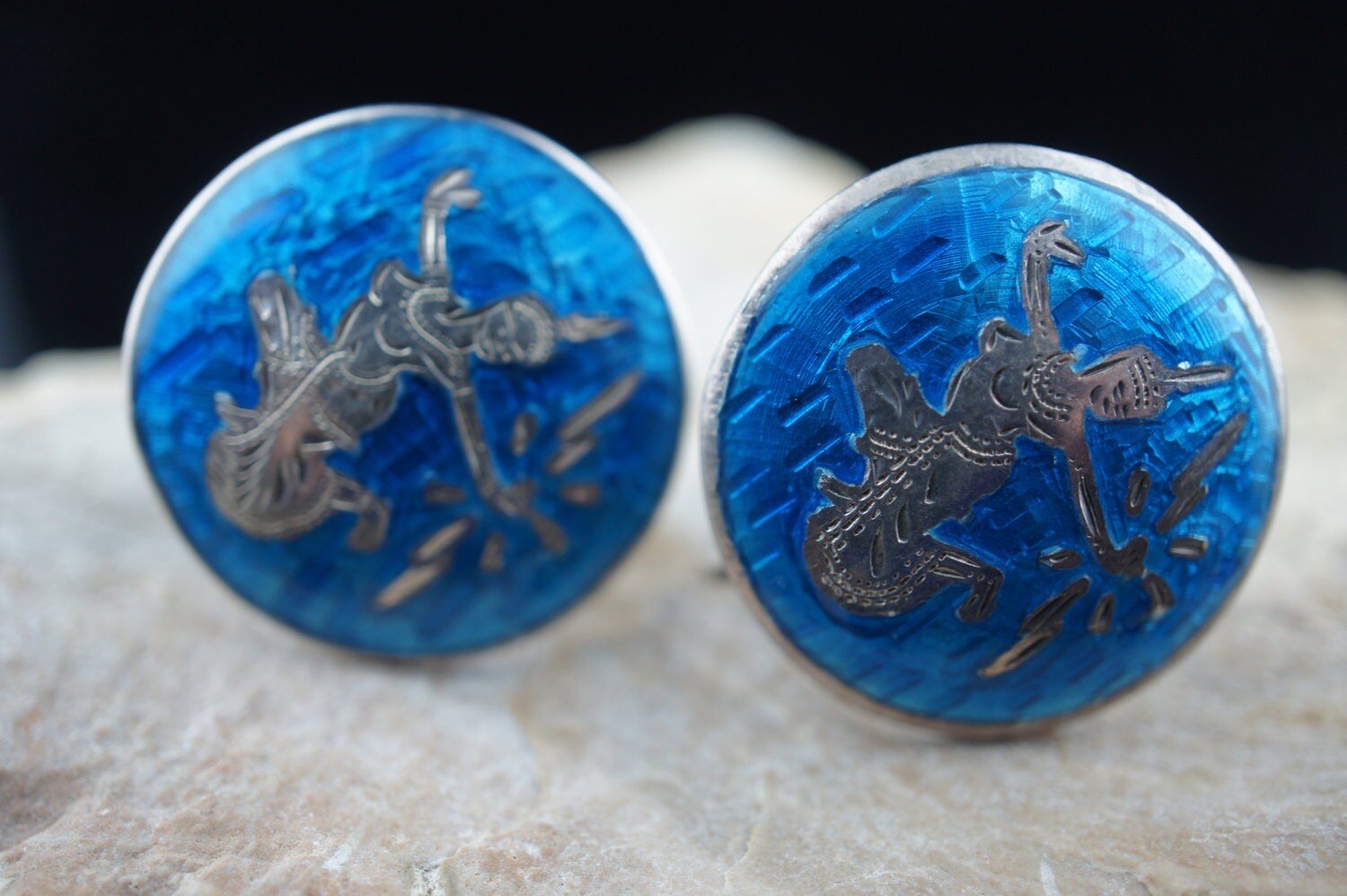 sterling Silber 925 Siam Niello Disk Tanz Schraube Zurück 9G Blaue Emaille Ohrringe Vintage Schmuck Art Deco Geschenk X157 von LOVNTG