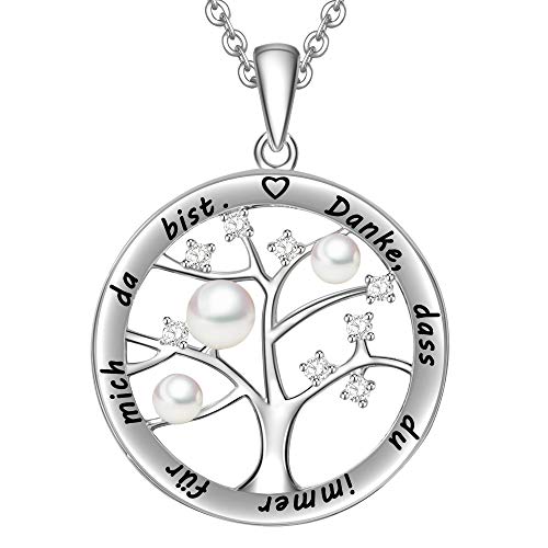 LOVORDS Damen Halskette Gravur 925 Sterling Silber Süßwasser Perlenkette Weiß 3-4mm Kreis Lebensbaum Anhänger Mutter Geschenk fürutter Mama Frauen Freundin Oma Tochter von LOVORDS