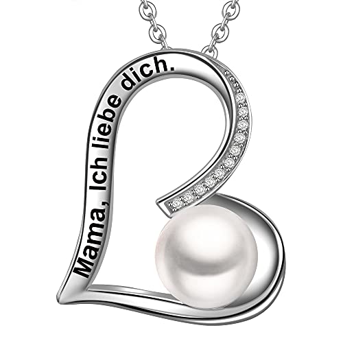 LOVORDS Damen Halskette Gravur 925 Sterling Silber Süßwasser Perlenkette Weiß 9mm Herz Anhänger Mutter Geschenk für Mama von LOVORDS