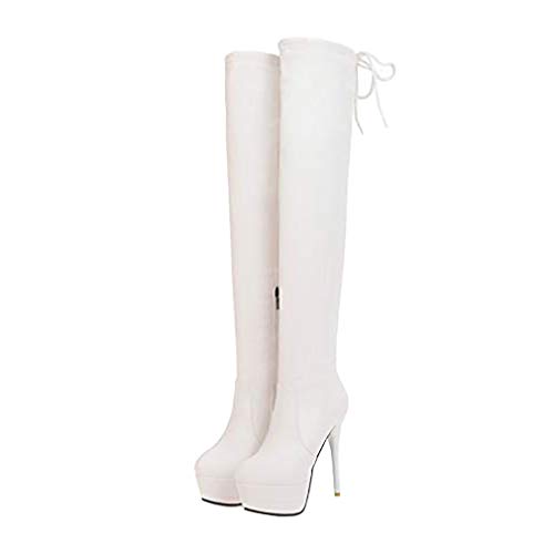 Lovouo Modische Stiefel für Damen, hohe Plattform, mit Absatz und Spitze, Weiß - weiß - Größe: 38 EU von LOVOUO
