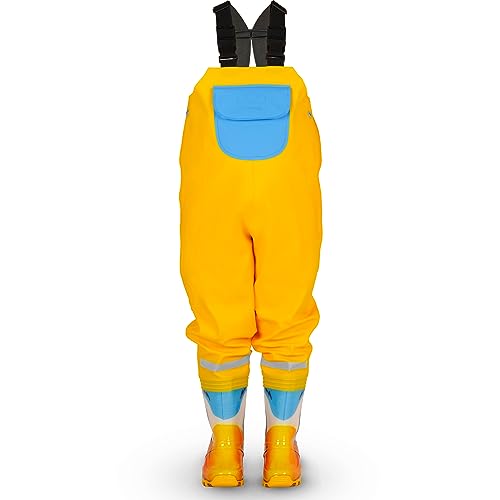 LOVRAIN wasserdichte Kinder Wathose Regenhose mit Stiefeln Kinder Brustwathose Ente Gelb 22/23 von LOVRAIN