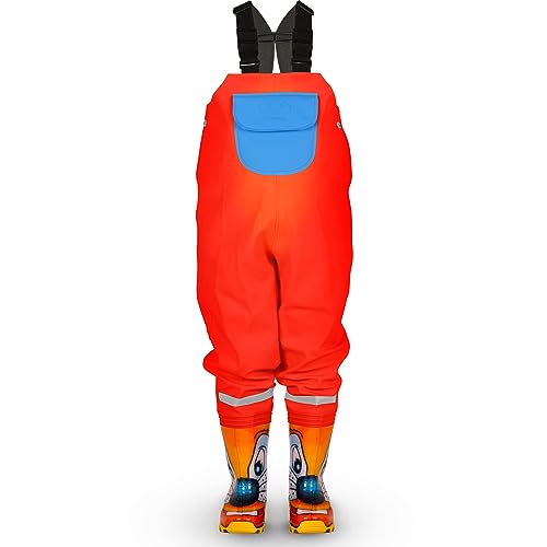 LOVRAIN wasserdichte Kinder Wathose Regenhose mit Stiefeln Kinder Brustwathose Katze Rot 26/27 von LOVRAIN
