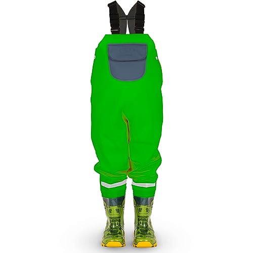 LOVRAIN wasserdichte Kinder Wathose Regenhose mit Stiefeln Kinder Brustwathose Krokodil Grün 30/31 von LOVRAIN