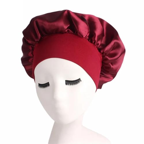 Seidenhaube Zum Schlafen 1pc Seide Kopf Wrap Dusche Kappe Einstellen Feste Satin Motorhaube Haar Styling Kappe Lange Haar Pflege Frauen Nacht Schlaf hut Haar Styling Werkzeuge FüR Seide(Red) von LOVSSU